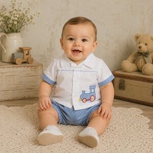 Vintage Cradle Togs Baby Boy Gingham Train Shirt & Bloomers Set 0-6M NWT